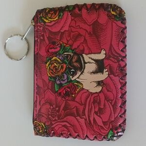 PUG w/ Flowers Printed COIN PURSE / WALLET Zipper Vegan Leather